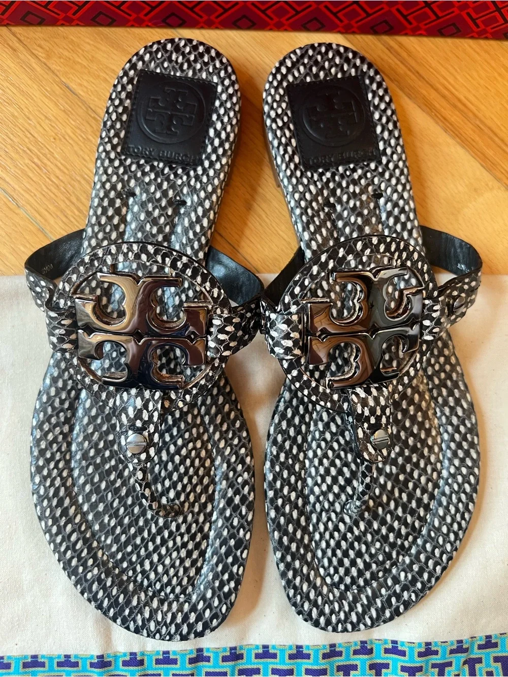 Tory Burch Black Polka Dot Snake Print Embossed Leather Metal Miller 2 Sandals